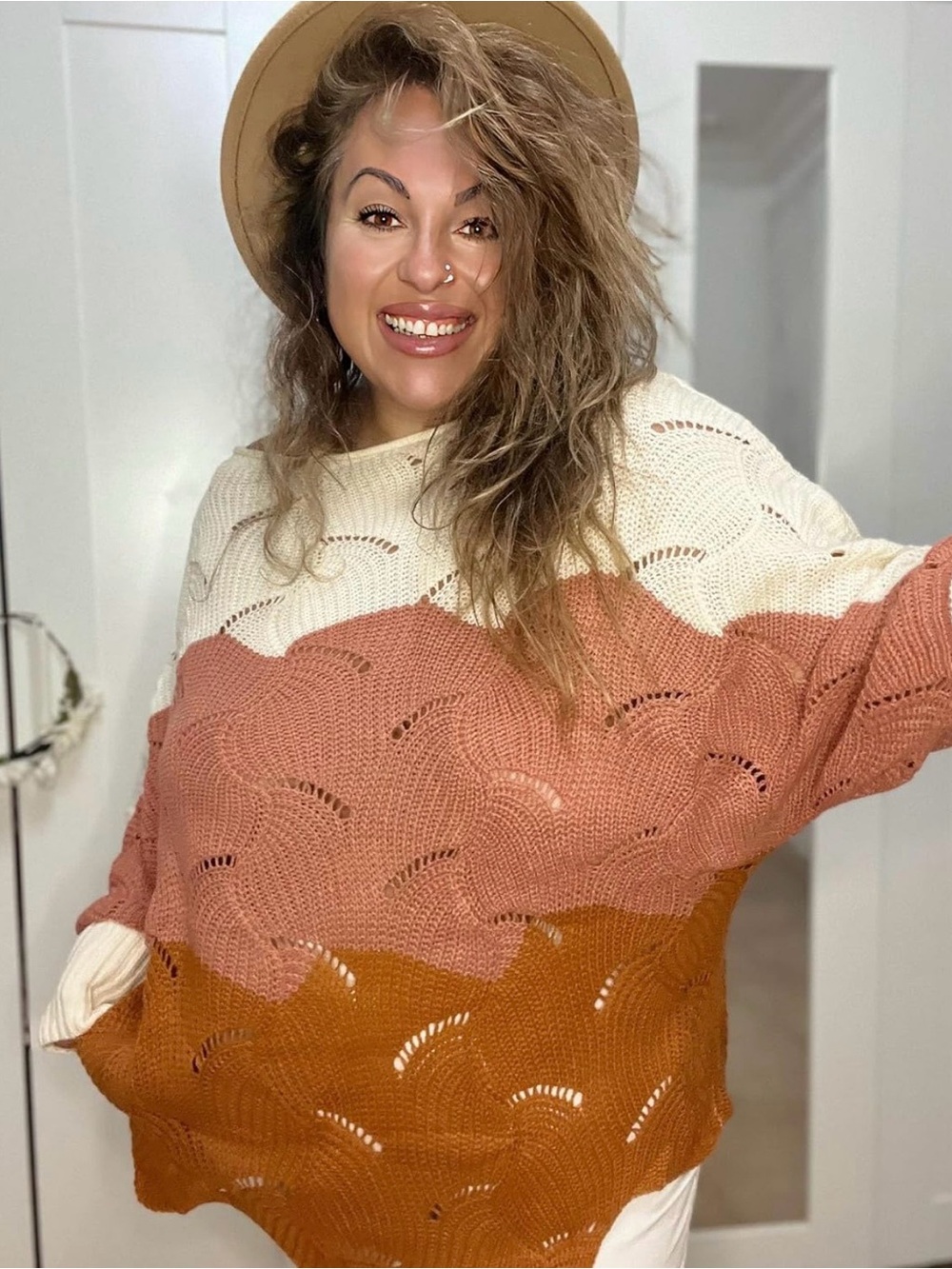 Women's Colorblock Openwork Crewneck Sweater - Cream, Rose, Rust
